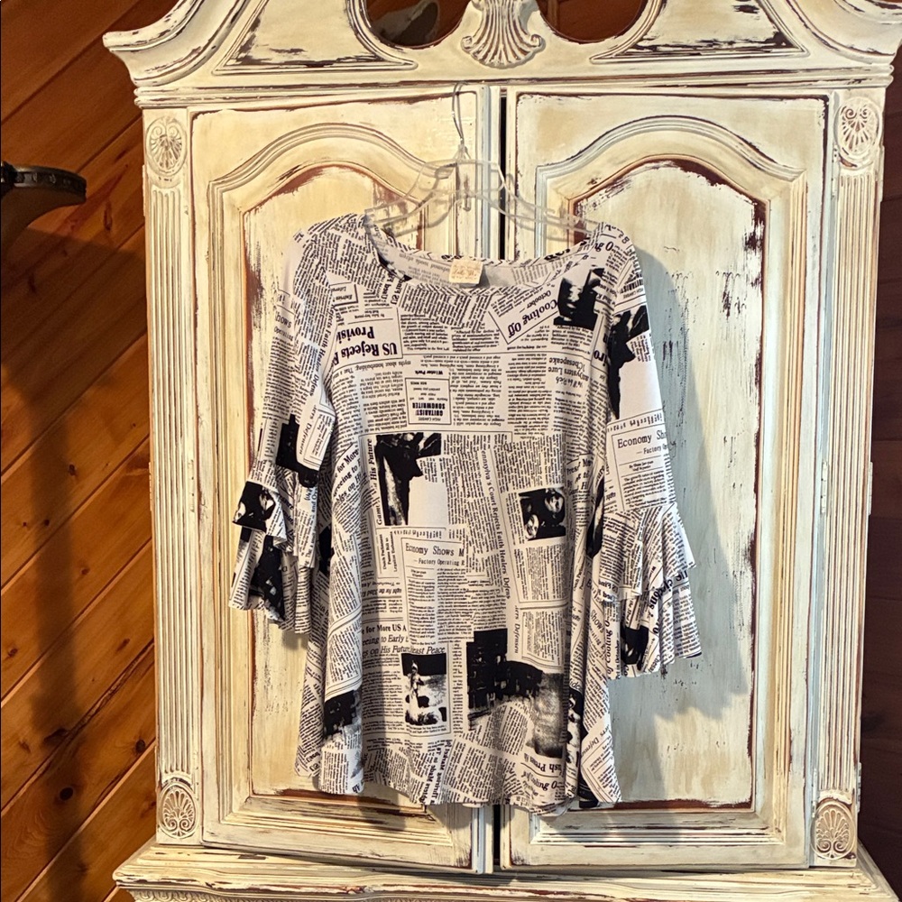 Chic Black and White Newspaper Print Blouse